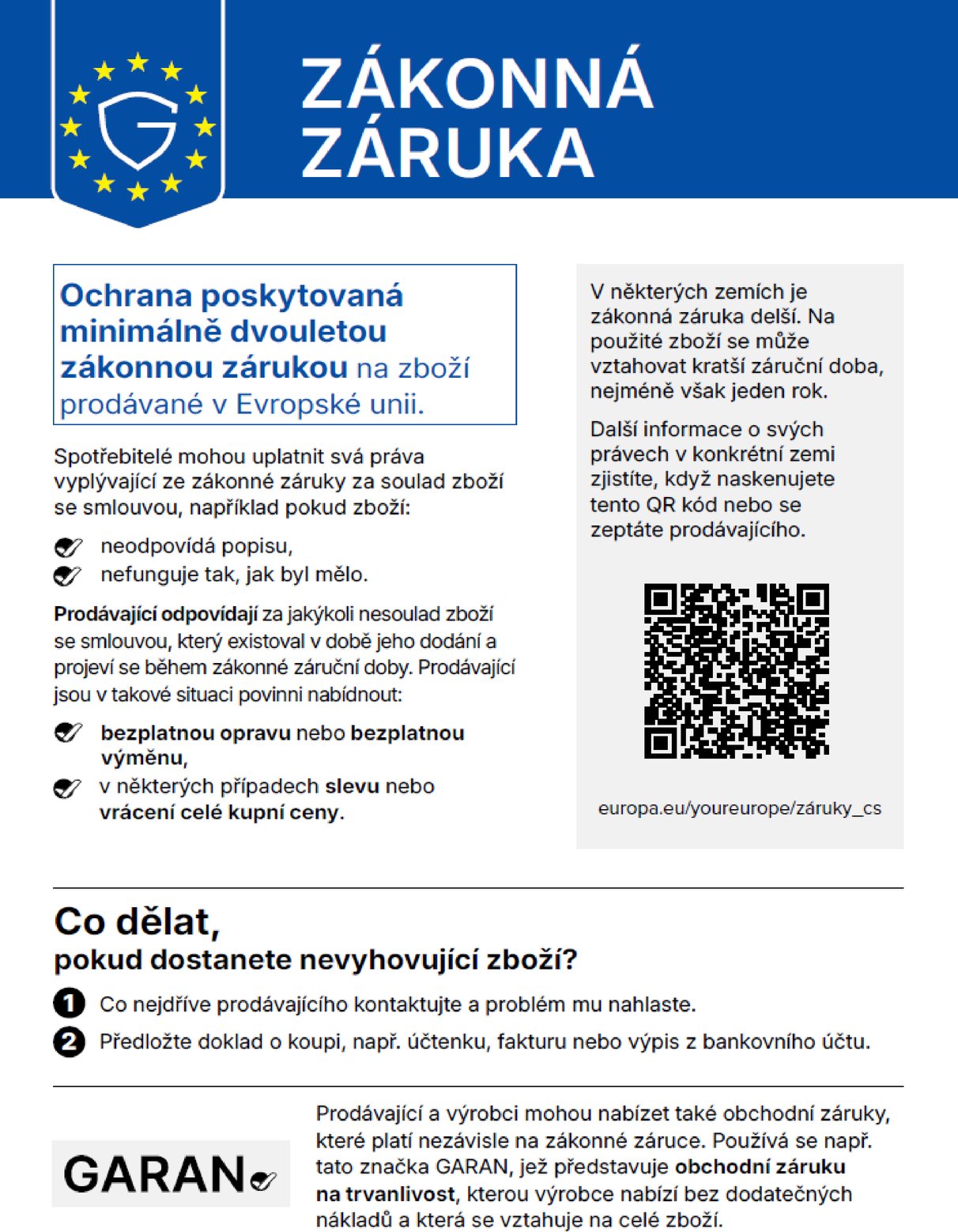 Harmonizované oznámení EU: Zákonná záruka — minimálně dvouletá zákonná záruka na zboží prodávané v Evropské unii