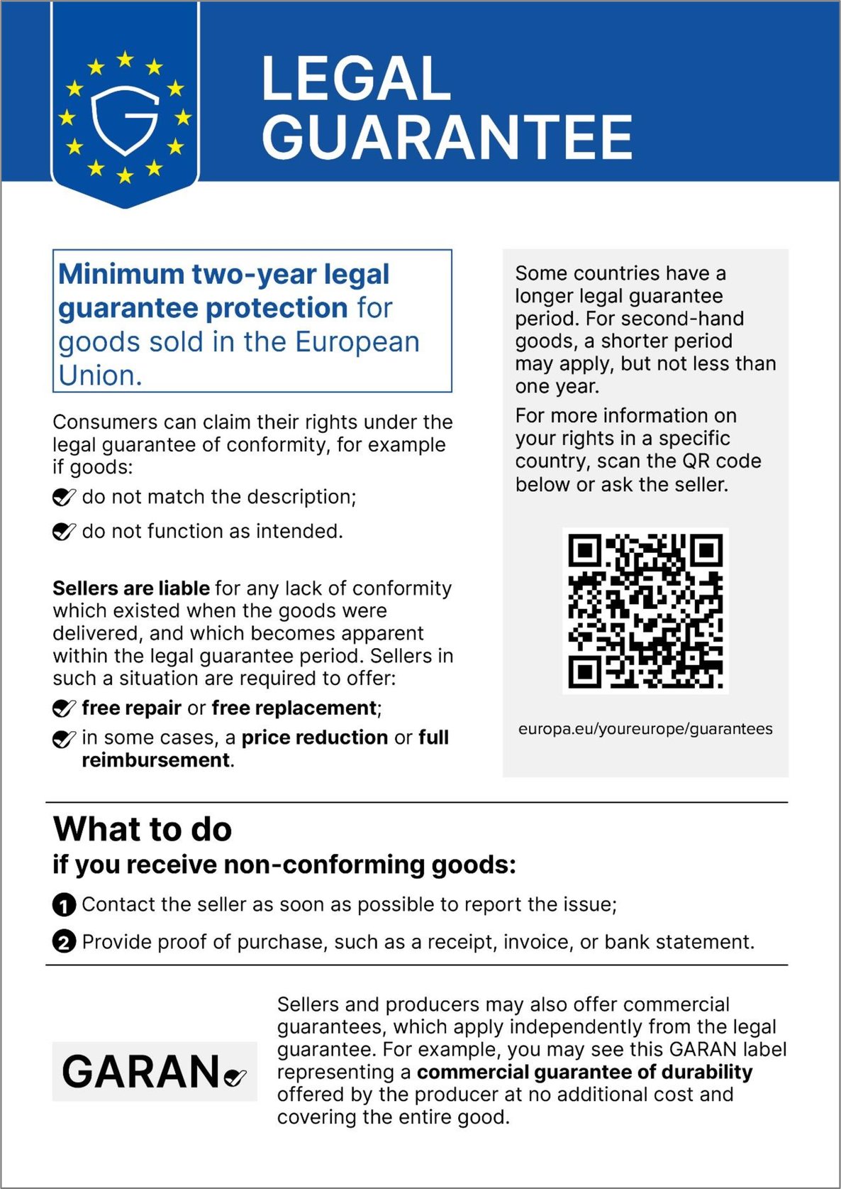 EU harmonised notice: Legal guarantee — minimum two-year legal guarantee for goods sold in the European Union