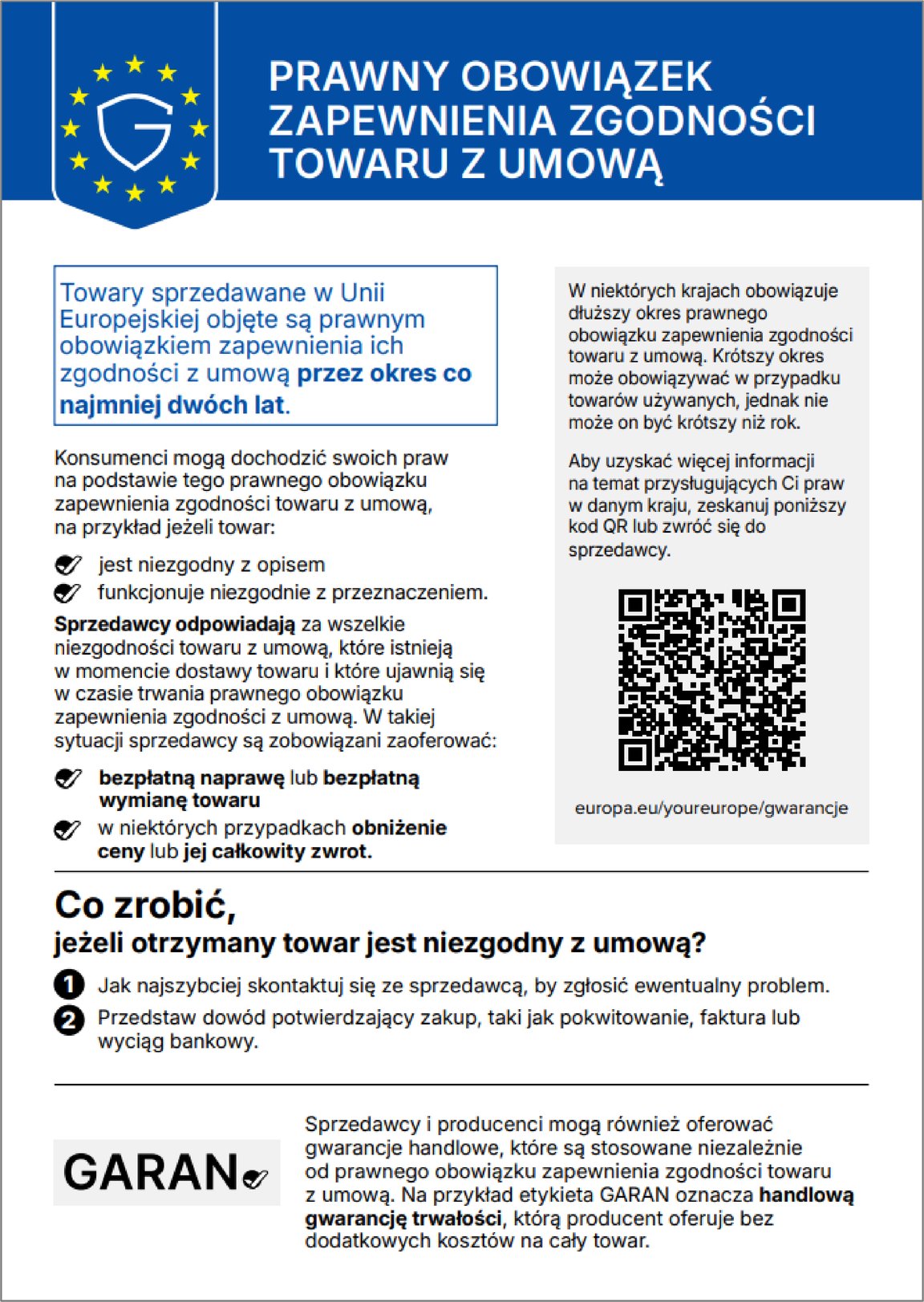 Zharmonizowana informacja UE: prawny obowiązek zapewnienia zgodności towaru z umową przez co najmniej dwa lata