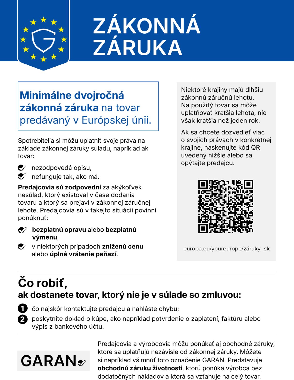 Harmonizované oznámenie EÚ: Zákonná záruka — minimálne dvojročná zákonná záruka na tovar predávaný v Európskej únii